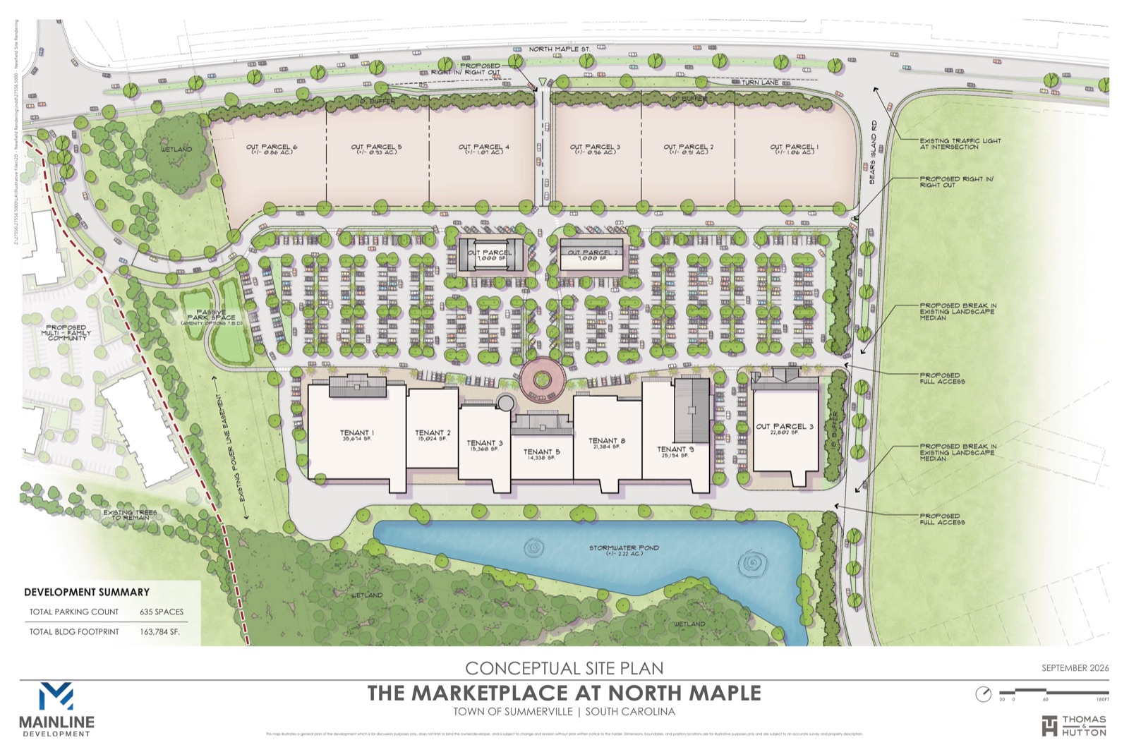 Conceptual site plan, The Marketplace at North Maple (Thomas & Hutton, September 2026), from the Town of Summerville Design Review Board packet.